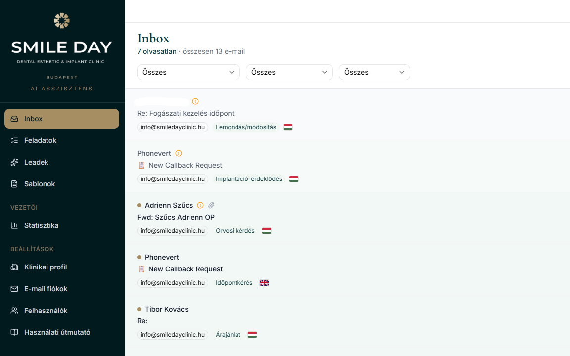 MAYA Inbox — beérkező levelek kategorizálva és priorizálva, a SMILE DAY klinika élő felületén