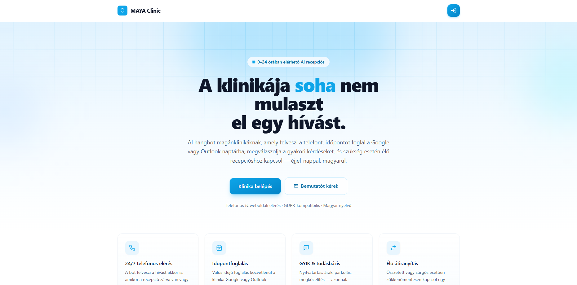 MAYA Recepció — a klinikai AI-recepciós élő felülete (MAYA Clinic)