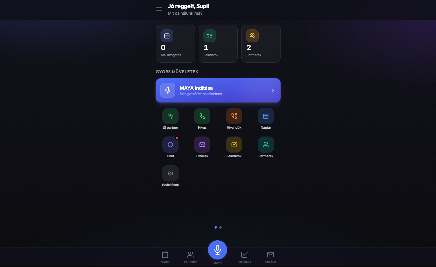 MAYA Sales — hangvezérelt értékesítési asszisztens dashboardja